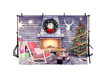 Christmas Tree And Fireplace Vintage Wood Wall Backdrop IBD-246948